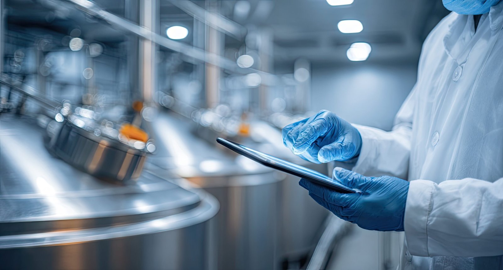 A person in a white lab coat and blue protective gloves operates a digital tablet inside a modern industrial facility with large stainless steel tanks in the background.