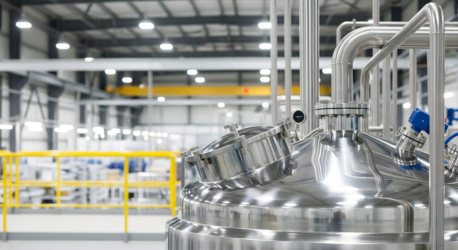 Stainless Steel Industrial Processing Tanks in Modern Factory, Chemical and Pharmaceutical Manufacturing Equipment, Hygienic Production Systems and Industrial Technology Background